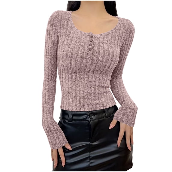 JYnXIANTI Long Sleeve Shirts for Women Round Neck Button Tops Slim Fit Tight T Shirts Fall Fashion Clothes Casual Basic Outfits