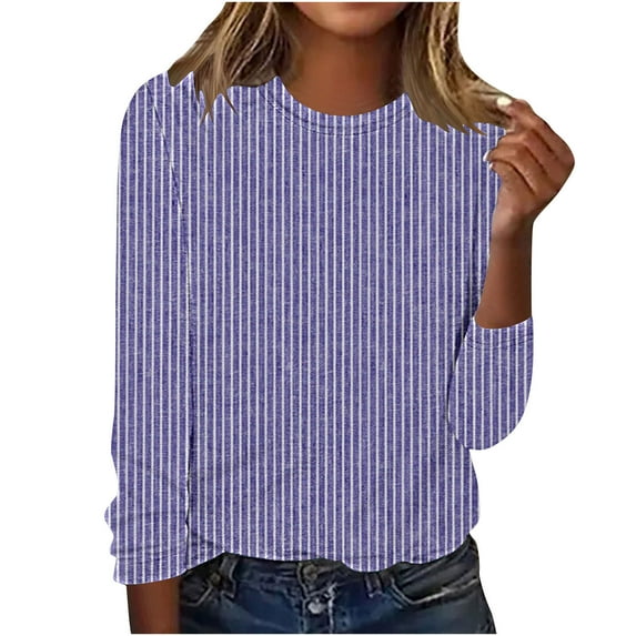 JYnXIANTI Long Sleeve Shirts for Women Round Neck Striped Soft Tops Casual Comfort T Shirts Fall Winter Clothes Outfits