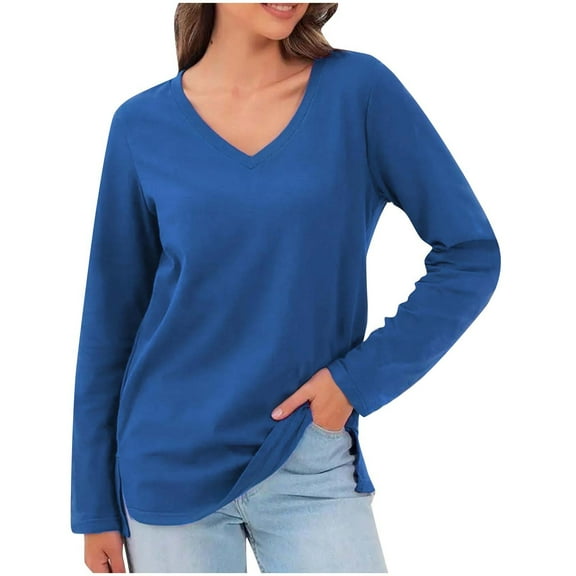 JYnXIANTI Long Sleeve Shirts for Women Trendy V Neck Side Split Tops Loose Fit Comfortable T-Shirts Basic Tees Casual Outfits
