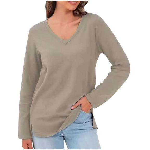 JYnXIANTI Long Sleeve Shirts for Women Trendy V Neck Side Split Tops Loose Fit Comfortable T-Shirts Basic Tees Casual Outfits