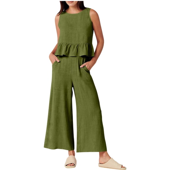 JYnXIANTI Lounge Sets for Women Sleeveless Ruffle Tank Top Wide Leg Cropped Pants Sets Summer Beach Outfits 2 Piece Sets