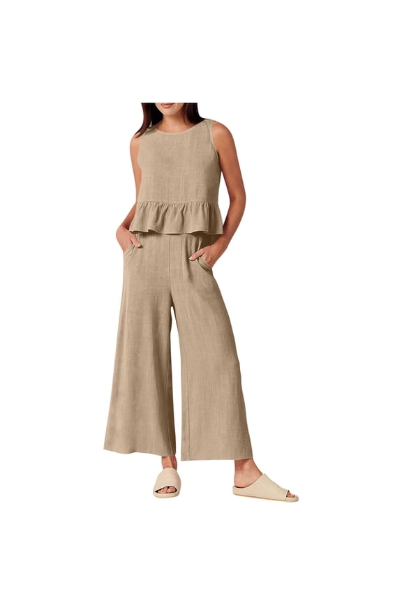 Lounge Sets for Women Sleeveless Ruffle Tank Top Wide Leg Cropped Pants Sets Summer Beach Outfits 2 Piece Sets