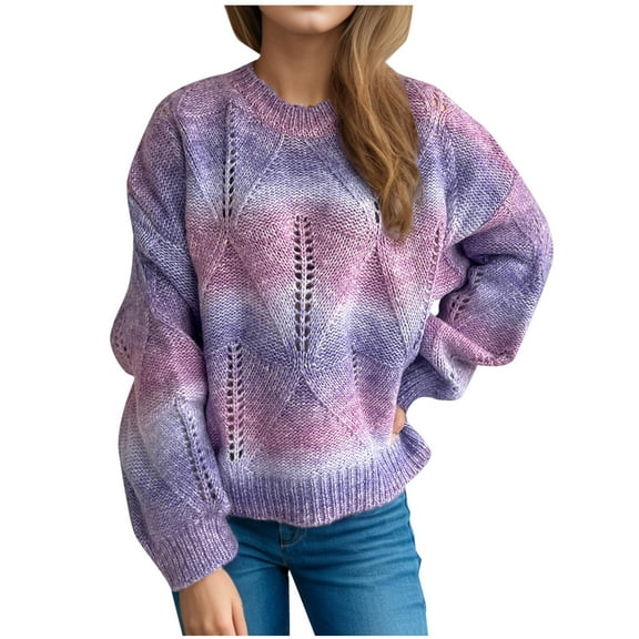 JYnXIANTI Oversized Sweaters for Women Casual Gradation Long Sleeve Crewneck Pullover Crochet Knit Hollow out Tops Fall Winter Outfit
