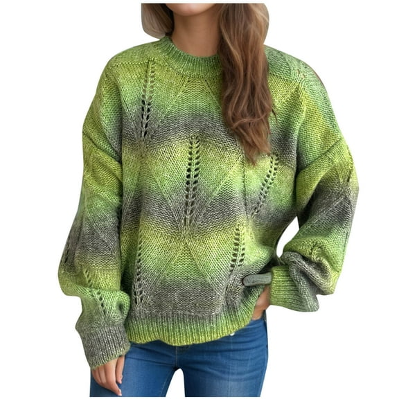 JYnXIANTI Oversized Sweaters for Women Casual Gradation Long Sleeve Crewneck Pullover Crochet Knit Hollow out Tops Fall Winter Outfit