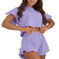 thumbnail image 1 of JYnXIANTI Pajama Sets for Women 2 Piece Set Ribbed Knit Ruffle Crop Top Soft Shorts Pjs Set Summer Fashion Matching Outfits, 1 of 5
