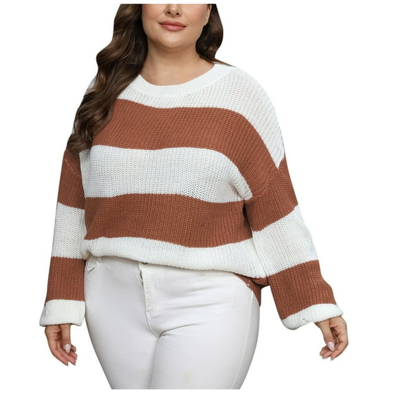 JYnXIANTI Plus Size Sweater for Women Oversized Color Block Long Sleeve Pullover Crochet Knitting Fall Outfits Clothes