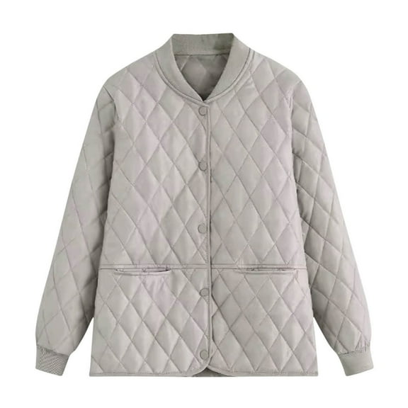 JYnXIANTI Quilted Jackets for Women Solid Warm Crew Neck Button down Coat Lightweight Long Sleeve Oversized Outwear with Pockets