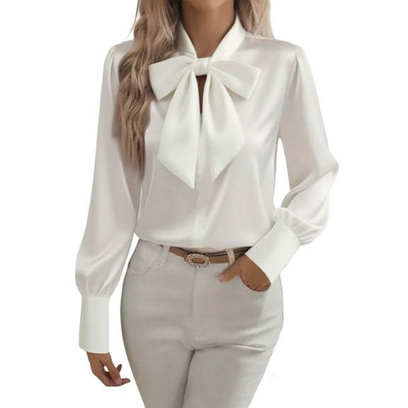 JYnXIANTI Satin Blouses for Women Dressy Casual Long Sleeve Bow Tie Neck Shirts Silk Soft Comfy Office Work Business Tops