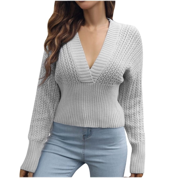 JYnXIANTI Comfy Sweaters for Women Slim Deep V Neck Long Sleeve Pullover Lightweight Fall Winter Warm Crochet Knitting Crop Tops
