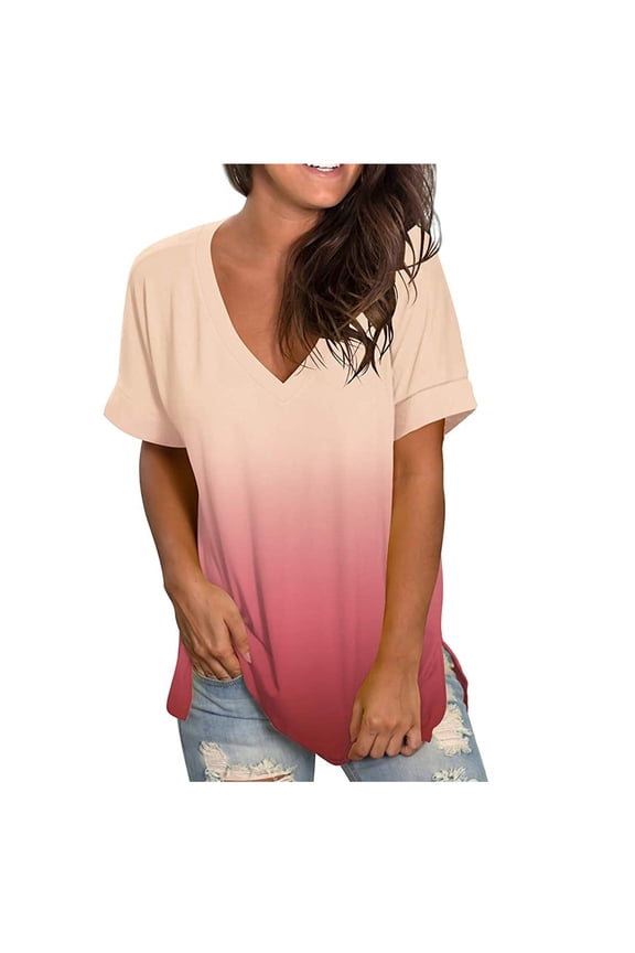Short Sleeve Shirts for Women Lightweight Summer Clothes Trendy Gradient V Neck Tops Side Split Casual T-Shirt