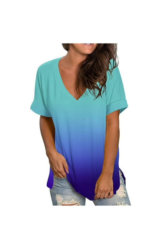 Short Sleeve Shirts for Women Lightweight Summer Clothes Trendy Gradient V Neck Tops Side Split Casual T-Shirt