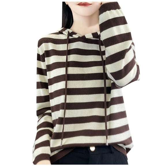 JYnXIANTI Sweaters for Women Causal Stripe Drawstring Hooded Pullover Lightweight Knit Long Sleeve Tops Fall Fashion Clothing