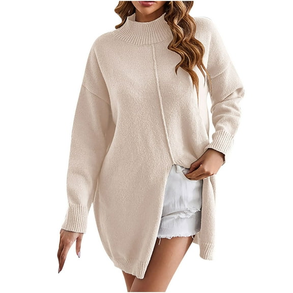 JYnXIANTI Sweaters for Women Oversized Long Sleeve Mock Neck Comfy Tops Loose Fashion Knitted Spilt Hem Pullover