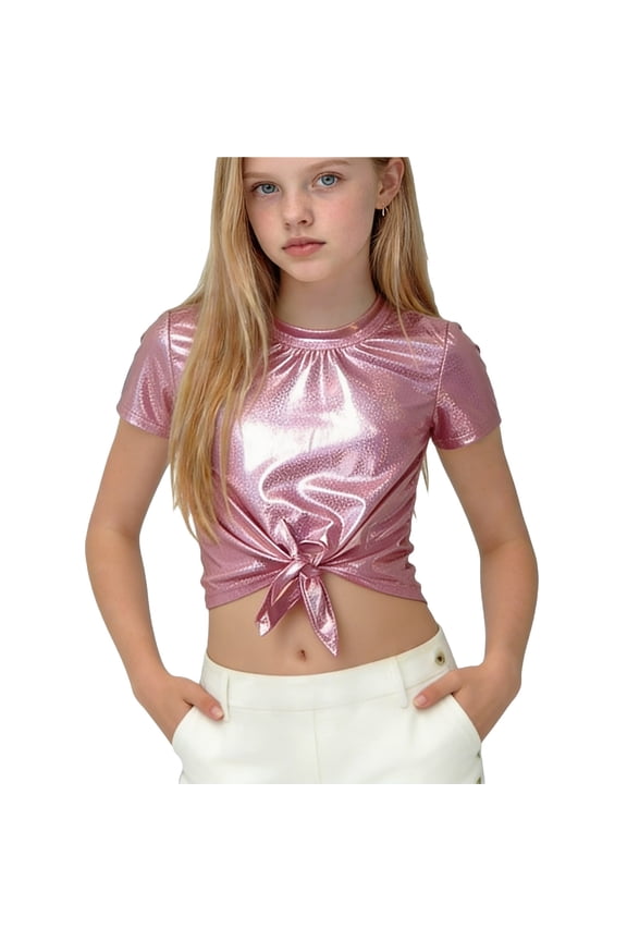 Toddler Baby Girls Glitter Shirts Tie Front Knot Crop Top Children Short Sleeve T Shirts Dance Festival Clothes