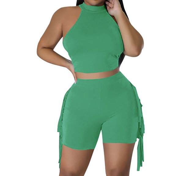 JYnXIANTI Two Piece Workout Sets for Women Sleeveless Fitted Halter Tank Tops and Fringe Bike Shorts Sets Cycling Athletic Clothes