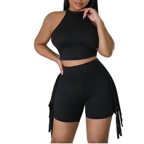JYnXIANTI Two Piece Workout Sets for Women Sleeveless Fitted Halter Tank Tops and Fringe Bike Shorts Sets Cycling Athletic Clothes