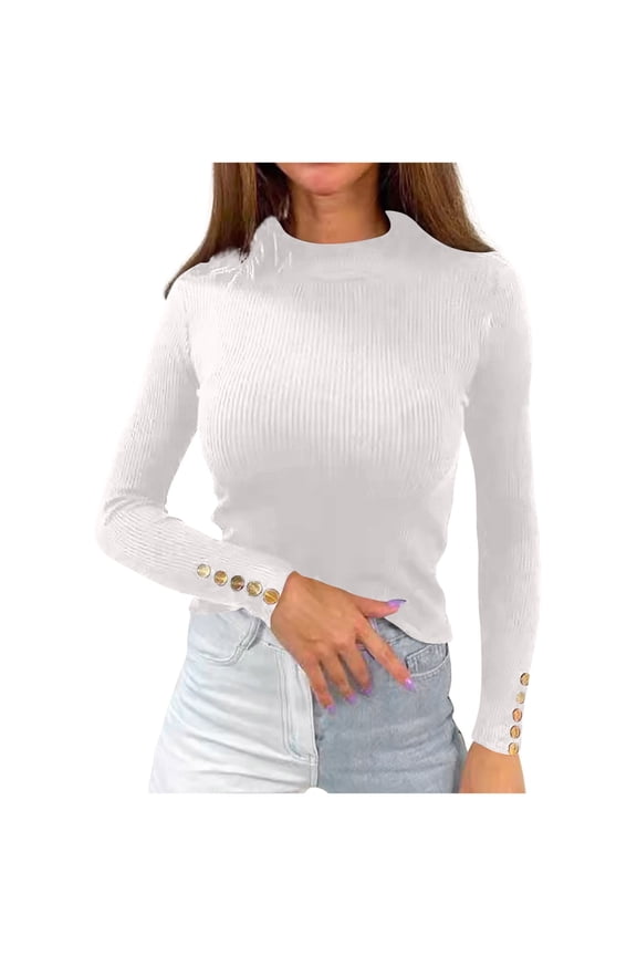 Women Fall Trendy Sweater Casual Button Crew Neck Long Sleeve Pullover Solid Color Ribbed Winter Warm Tops