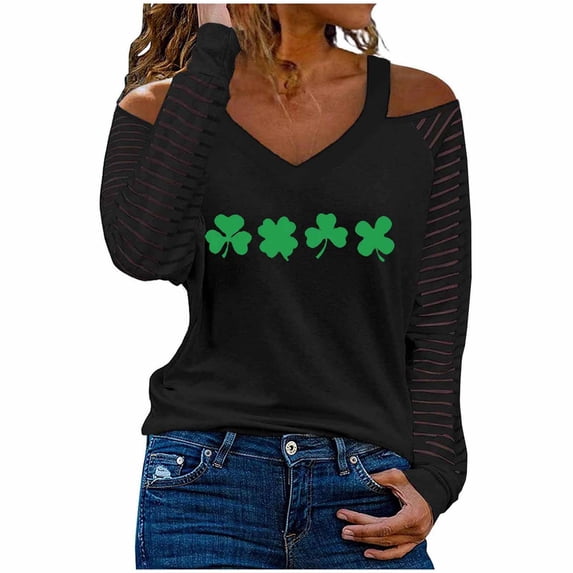 JYnXIANTI Women St. Patrick's Day Shirts Long Sleeve off the Shoulder Tops Printed Comfort T-Shirts Fashion Clothes S-XXL
