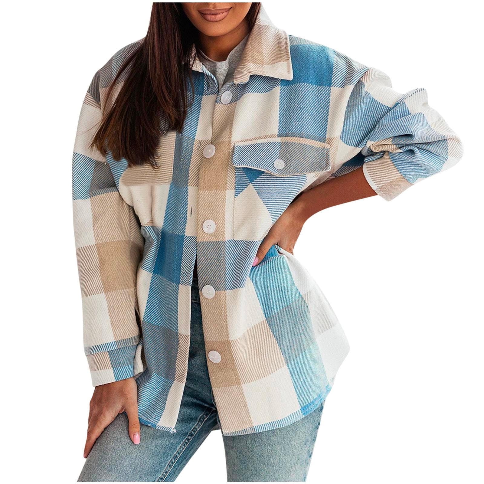 JYnXIANTI Women's Casual Plaid Shacket Oversized Long Sleeve Button ...