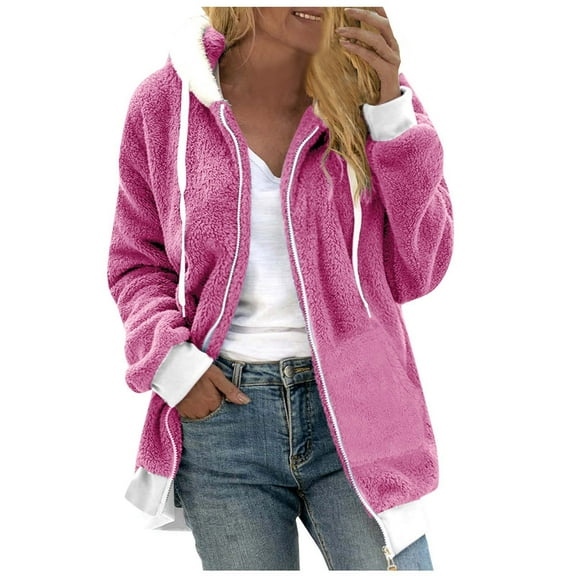 JYnXIANTI Women's Fuzzy Hoodies Sherpa Lined Drawstring Cozy Coats Fleece Oversized Full Zip up Sweatshirt Jackets with Pockets