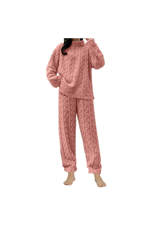 Women's Pajama Sets Flannel Fluffy Cozy Quarter Zip Pullover with Warm Pants Set Fuzzy Thermal Loungewear 2 Piece Outfits