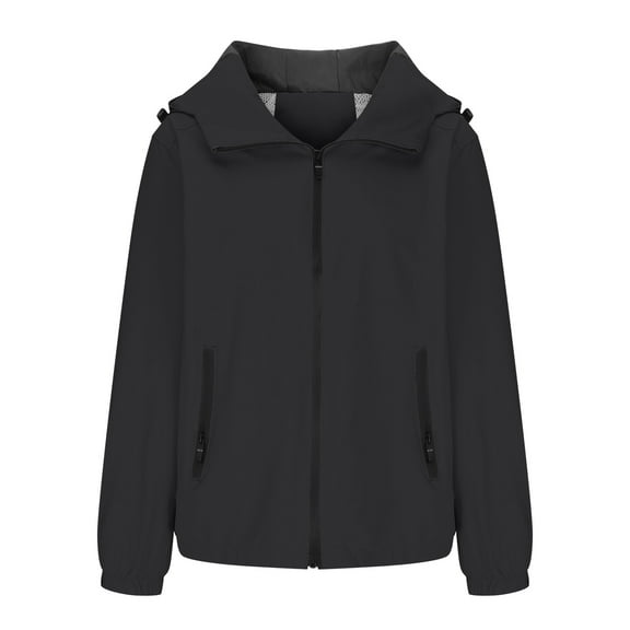 JYnXIANTI Women's Plus Size Jackets Loose Drawstring Coats Lightweight Windbreaker Hooded Warm Outwear for Outdoor Hiking Travel