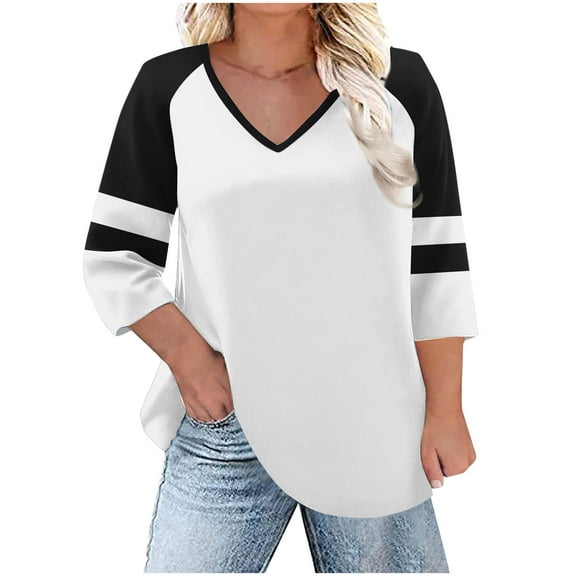 JYnXIANTI Women's Plus Size Tops Lightweight Color Block 3/4 Sleeve T Shirts V Neck Loose Classic Tee Outfits Fall Fashion Clothes