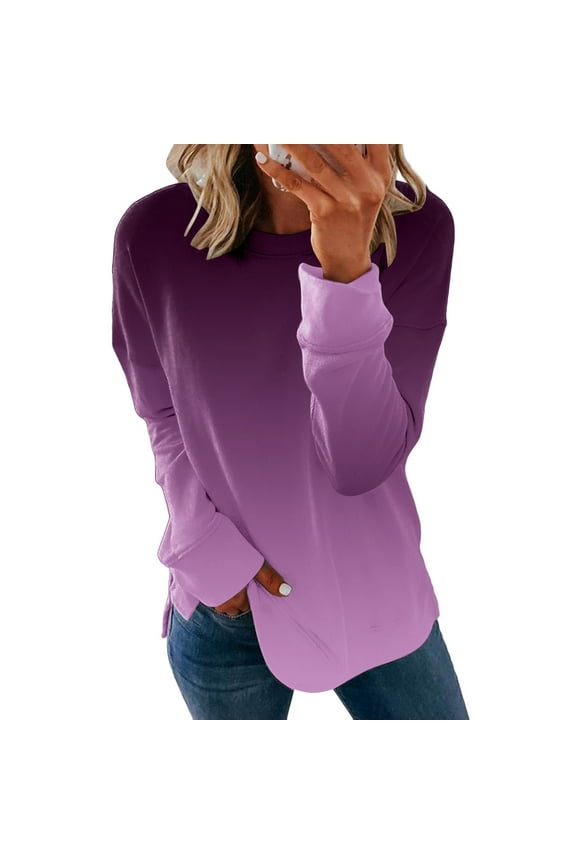 Women's Sweatshirt Crew Neck Gradient Side Split Tops Trendy Loose Fit Pullover Fall Fashion Outfits Clothes