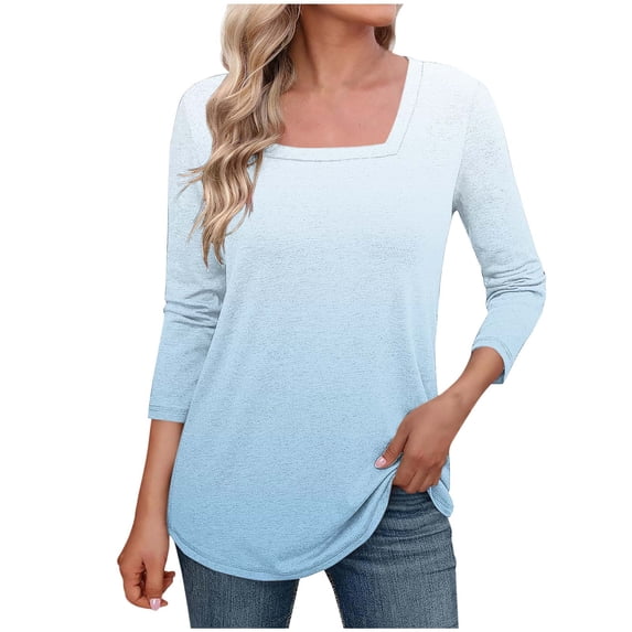 JYnXIANTI Women's Tops 3/4 Sleeve Square Neck T Shirts Trendy Gradient Tunic Tee Loose Comfy Shirt Fall Fashion Clothes