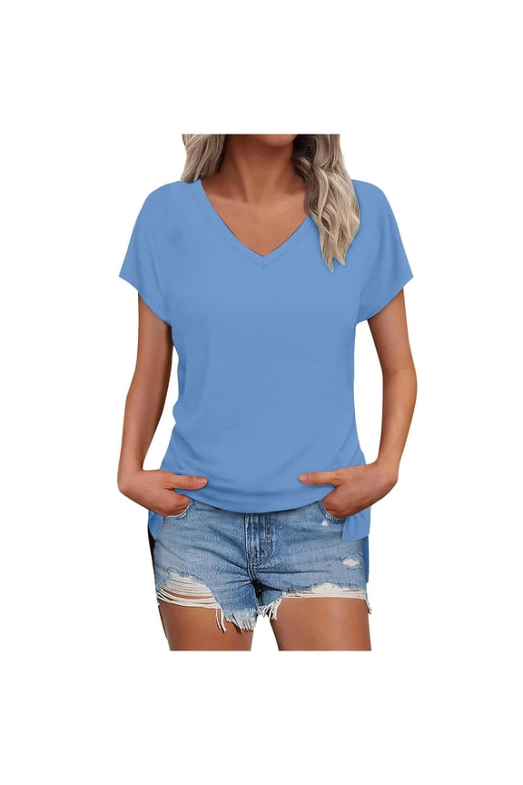 Women's Tops Lightweight Short Sleeve Side Split Shirts Casual V Neck Trendy T-Shirts Summer Fashion Clothes