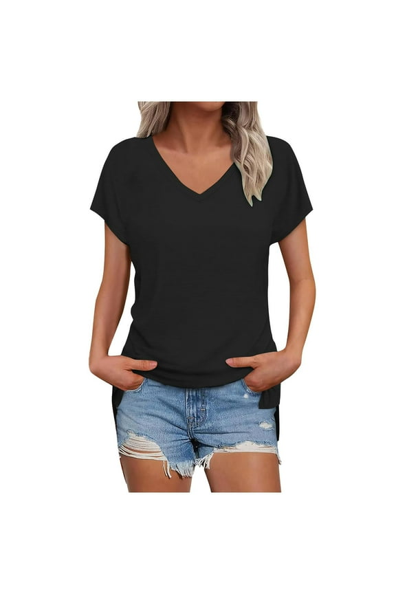 Women's Tops Lightweight Short Sleeve Side Split Shirts Casual V Neck Trendy T-Shirts Summer Fashion Clothes