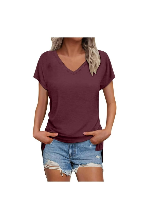 Women's Tops Lightweight Short Sleeve Side Split Shirts Casual V Neck Trendy T-Shirts Summer Fashion Clothes