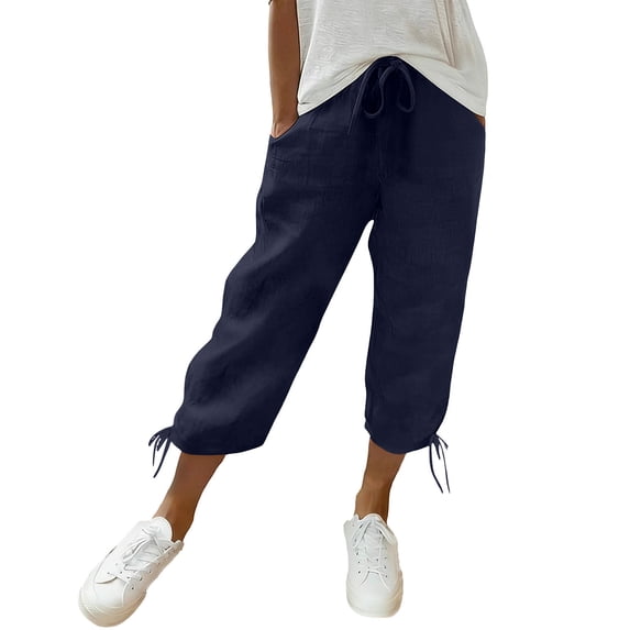 JYnXIANTI Womens Capri Pants Cotton Linen Elastic Waist Breathable Capris Lounge Cropped Pants Ladies Clothes with Pockets