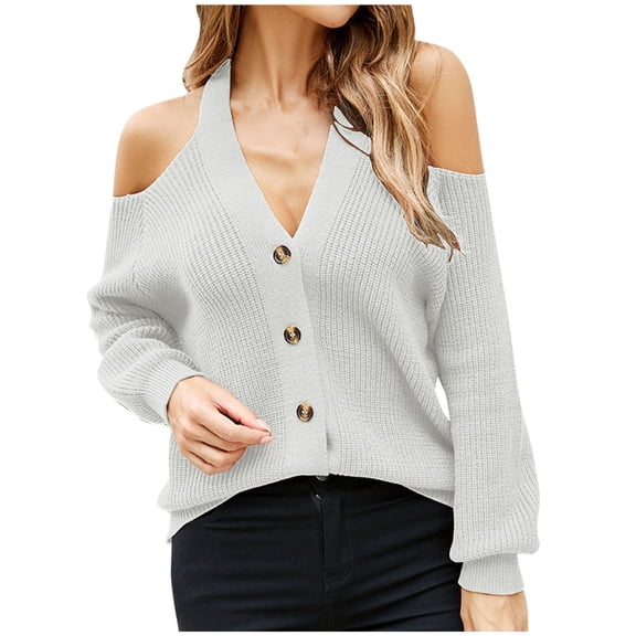 JYnXIANTI Womens Cold Shoulder Sweaters Casual Loose Fashion Button down Tops Solid V Neck Long Sleeve Knit Pullover