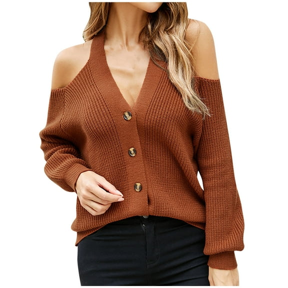 JYnXIANTI Womens Cold Shoulder Sweaters Casual Loose Fashion Button down Tops Solid V Neck Long Sleeve Knit Pullover