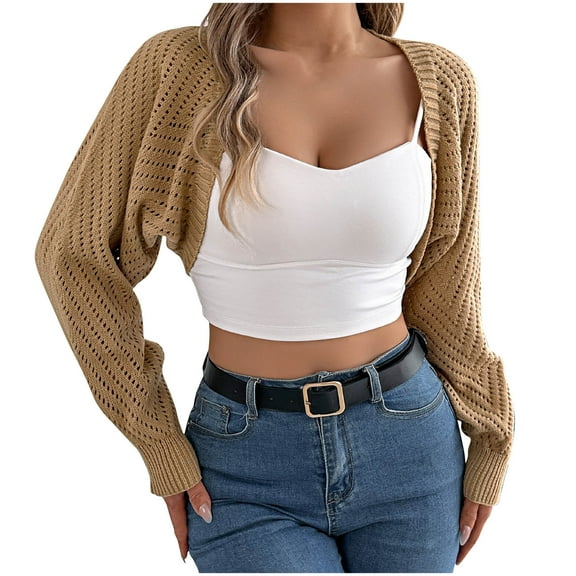 JYnXIANTI Womens Crop Cardigans Sweater Shrug Open Front Crochet Knitting Tops Fall Fashion Trendy Long Sleeve Outfit Clothes