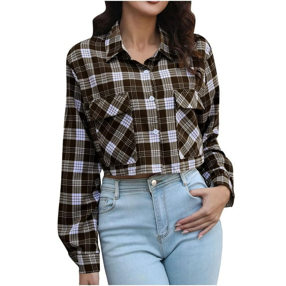 JYnXIANTI Womens Cropped Jacket Casual Fashion Long Sleeve Shackets Plaid Button down Fall Shirts Coats with Pockets