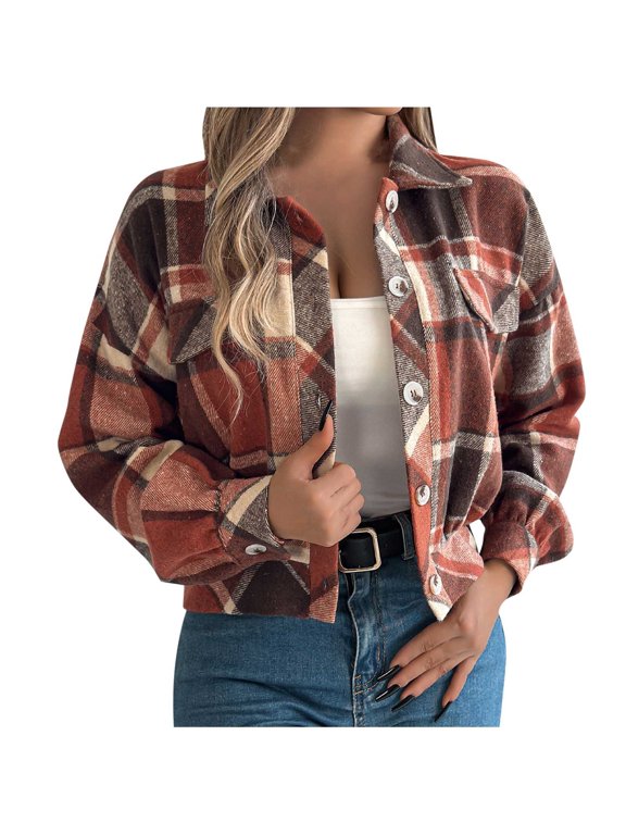 Womens Fashion Cropped Jackets Lightweight Fashion Plaid Shacket Casual Button down Long Sleeve Outwear