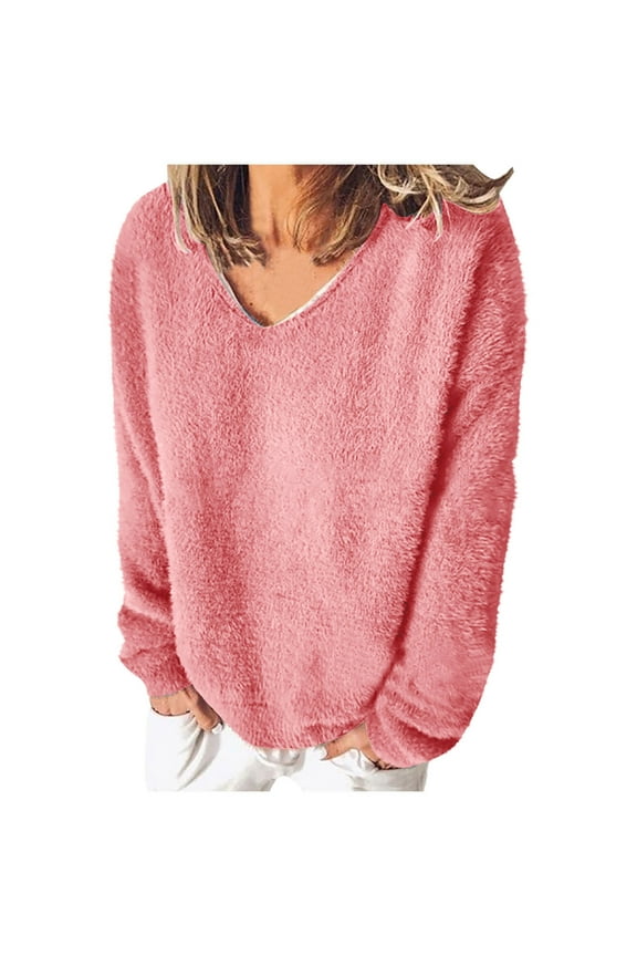 Womens Fuzzy Fleece Tops V Neck Long Sleeve Loose Pullover Fluffy Cozy Fall Clothes Warm Winter Outfits Clothing