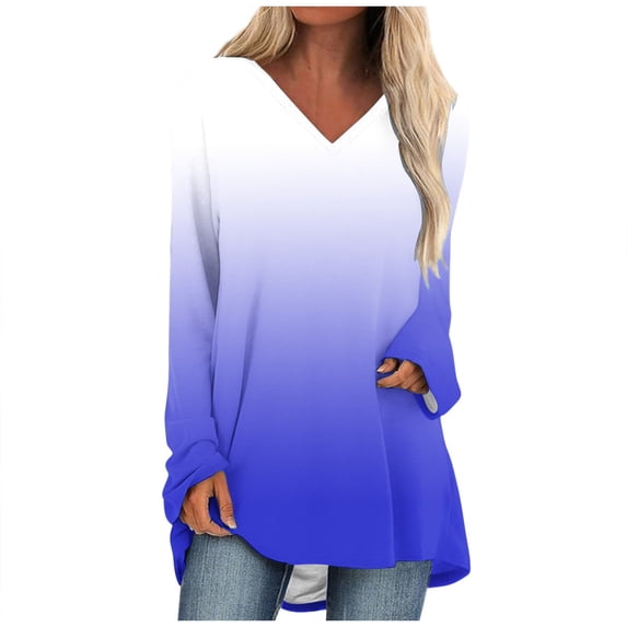JYnXIANTI Womens Long Sleeve Tops V Neck Gradient Loose T Shirts Trendy Casual Tunic Tee Fall Winter Clothing S-XXXL