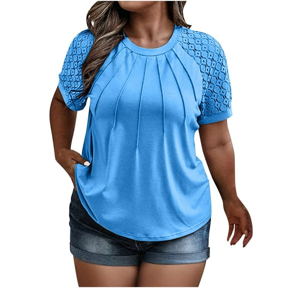 JYnXIANTI Womens Plus Size Tops Lace Short Sleeve Round Neck T Shirts Pleated Front Casual Trendy Tee Basic Summer Outfits