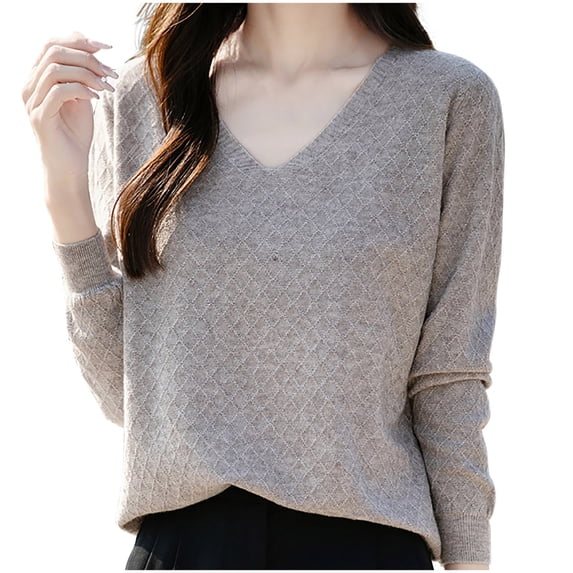 JYnXIANTI Womens Sweaters Casual Loose Long Sleeve V Neck Pullover Lightweight Solid Textured Tops Fall Fashion Clothing