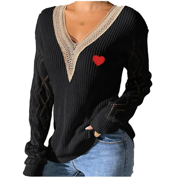 JYnXIANTI Womens Sweaters Casual Loose Long Sleeve V Neck Tops Fashion Print Hollow out Crochet Knitting Pullover
