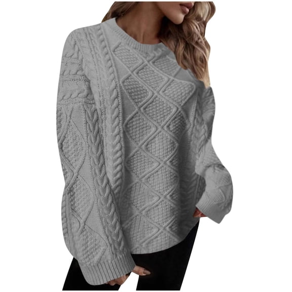 JYnXIANTI Womens Sweaters Solid Fashion Crewneck Long Sleeve Casual Loose Pullover Fall Winter Warm Cable Knit Tops