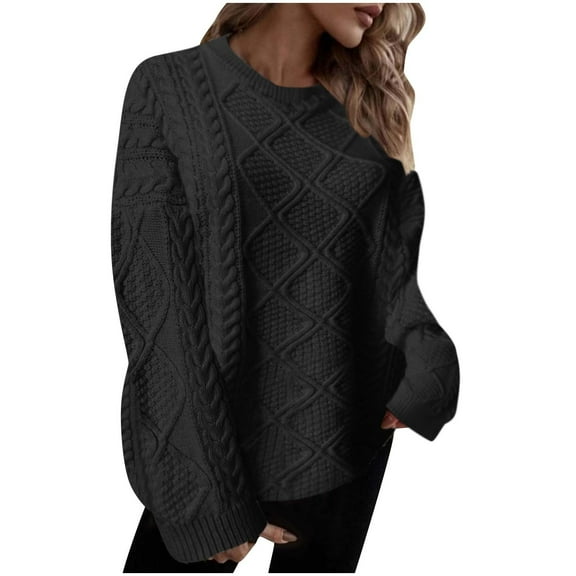 JYnXIANTI Womens Sweaters Solid Fashion Crewneck Long Sleeve Casual Loose Pullover Fall Winter Warm Cable Knit Tops