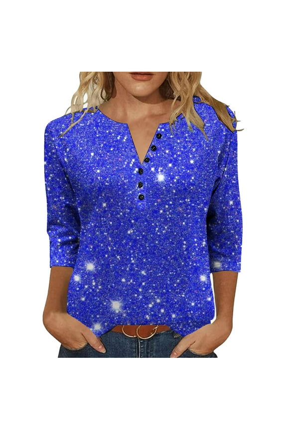 Womens Tops Glitter 3/4 Sleeve Button V Neck T Sirts Sparkly Sequin Henley Shirt Trendy Casual Clothes S-XXXL