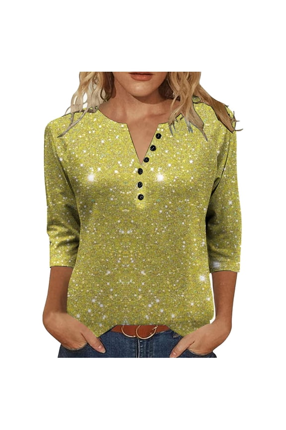 Womens Tops Glitter 3/4 Sleeve Button V Neck T Sirts Sparkly Sequin Henley Shirt Trendy Casual Clothes S-XXXL