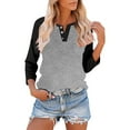 thumbnail image 1 of JYnXIANTI Womens Tops Lightweight Color Block Button V Neck T-Shirts 3/4 Sleeve Casual Thin Tee Outfits Summer Fashion Clothes, 1 of 7