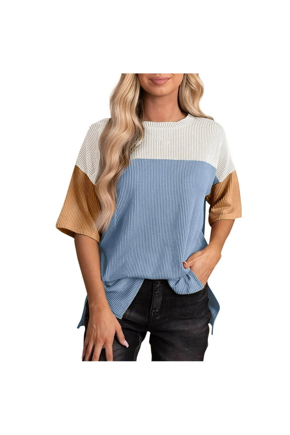 Womens Tops Short Sleeve Shirts for Summer Spring Color Block Crewneck Tshirts Side Split Tee Fashion Clothing