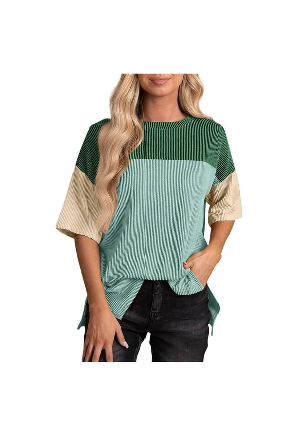 Womens Tops Short Sleeve Shirts for Summer Spring Color Block Crewneck Tshirts Side Split Tee Fashion Clothing